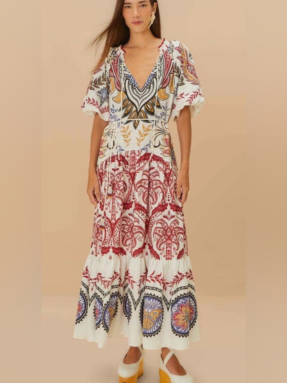 Farm Rio Tropical Boho Glam V neck Floral Maxi Dress Size: M retail $330 EUC